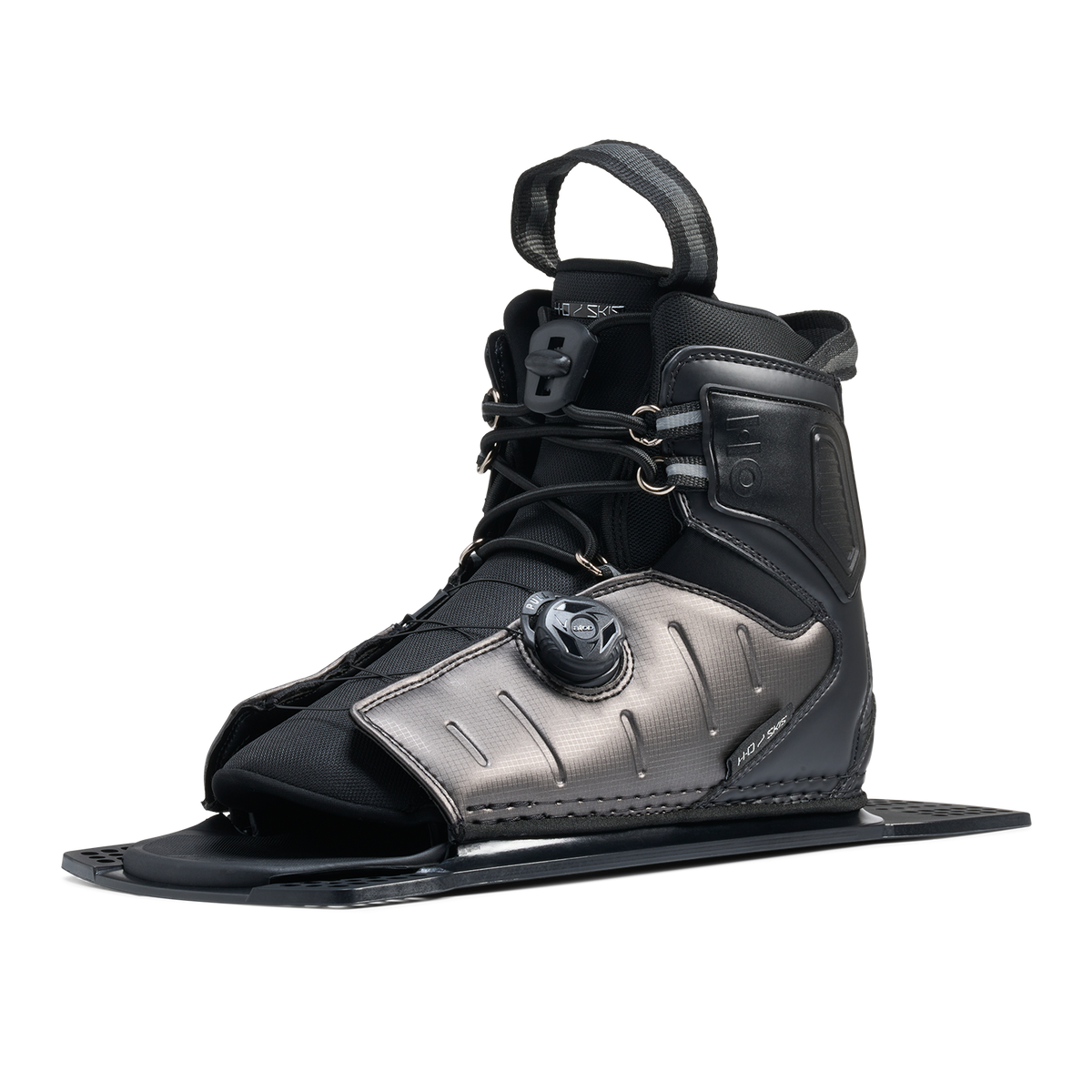 Angled view of Stance ATOP Rear Boot in black and gray with ATOP dial and reinforced side panel.