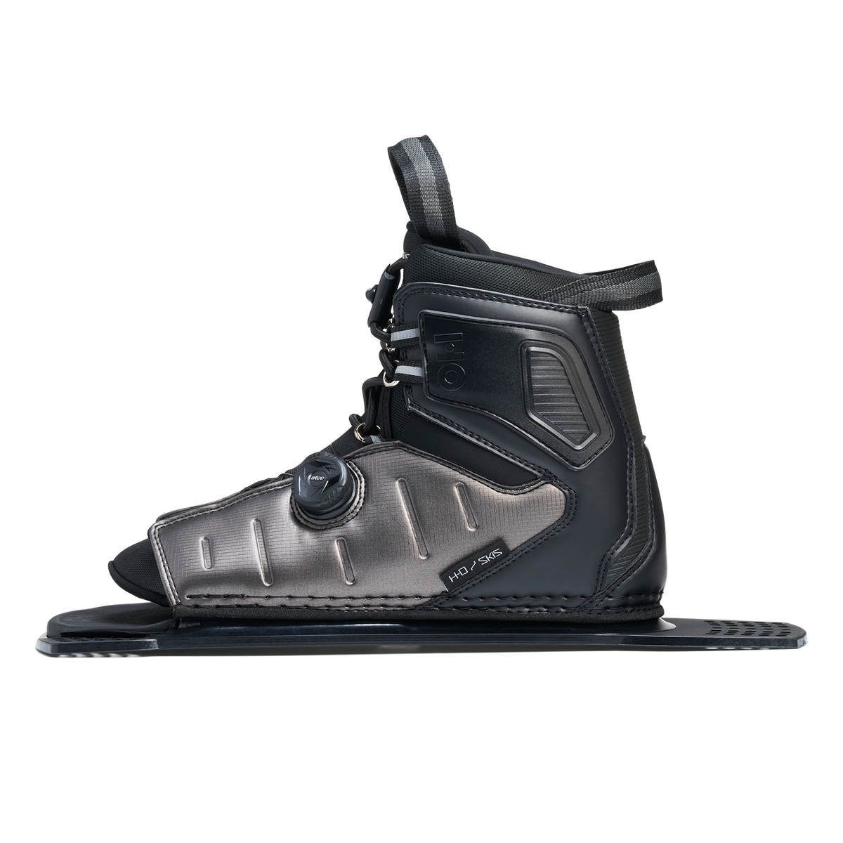 Side view of Stance ATOP Rear Boot in black and gray with ATOP dial and structured design.