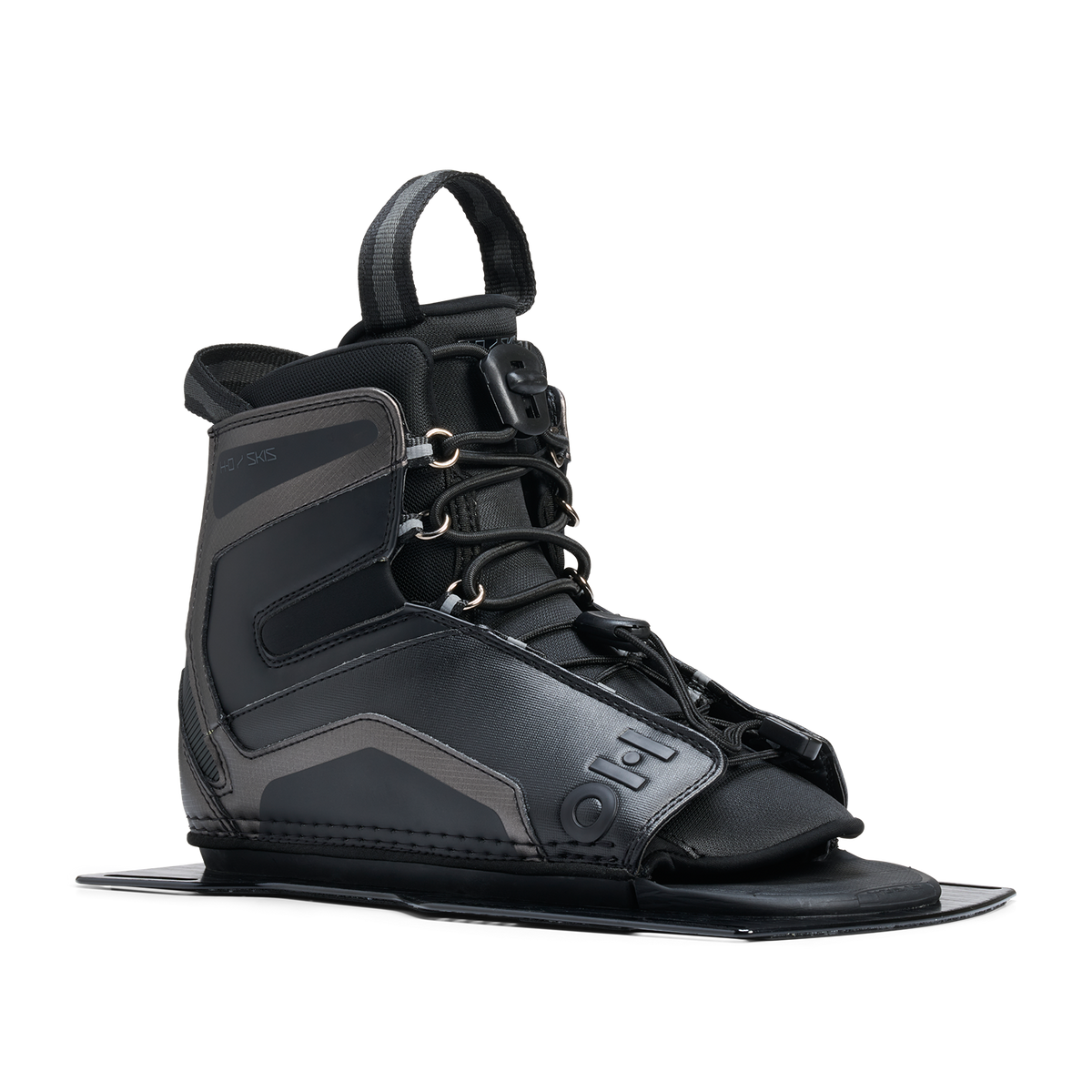 Angled view of Stance Aluminum Front Boot in black showing open toe and padded ankle support.