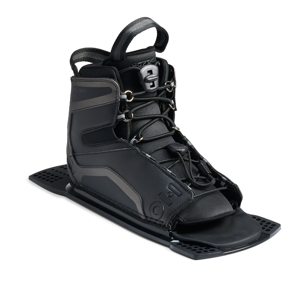 Angled front view of Stance UltraLite Rear Boot in black with lace closure on baseplate.