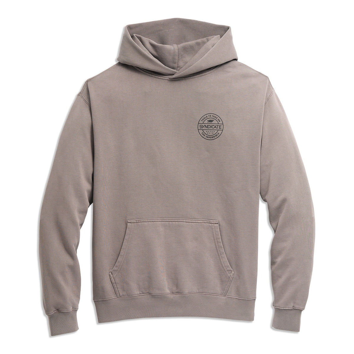 Front view of gray hoodie with kangaroo pocket and small circular Syndicate logo on chest.
