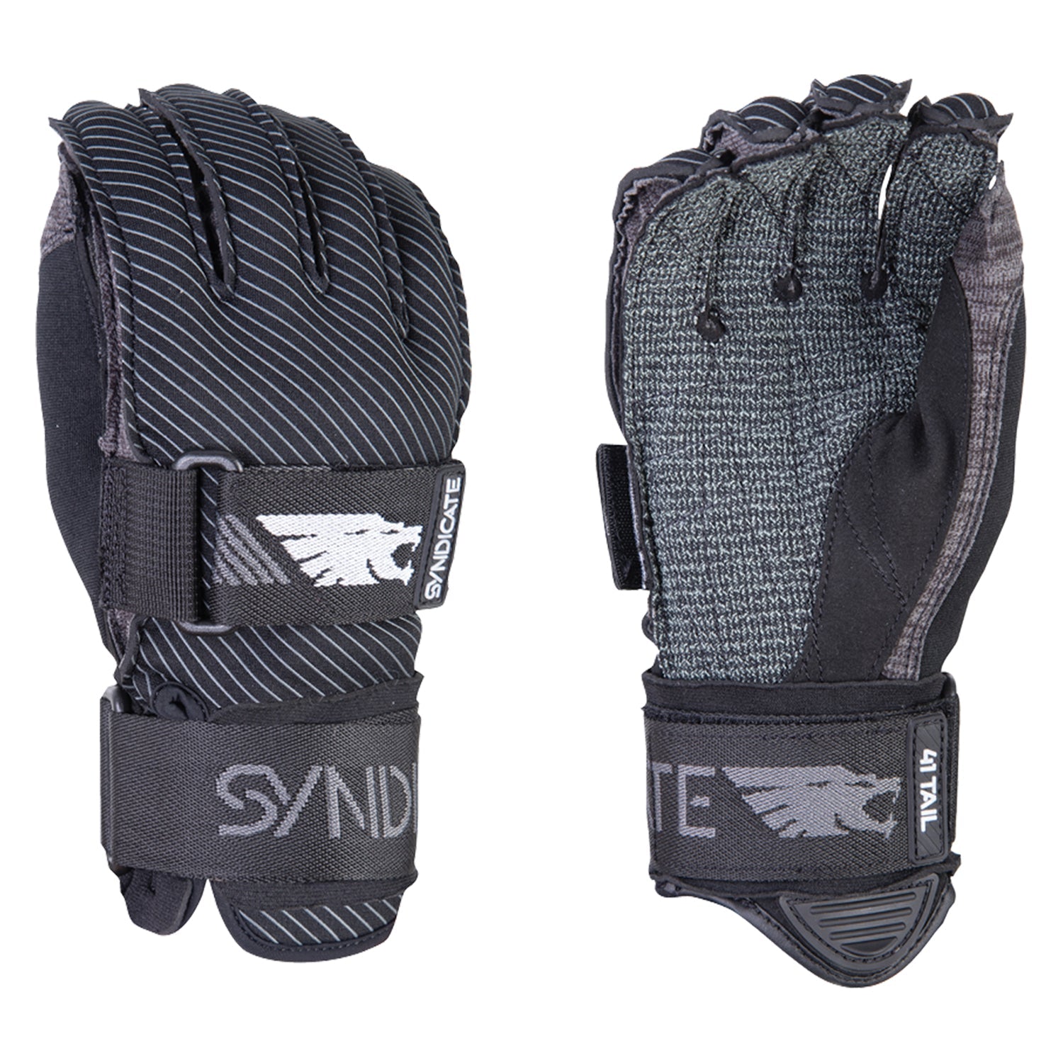 Front and back view of the 41 Tail Inside Out in black and gray with Syndicate logo on straps.