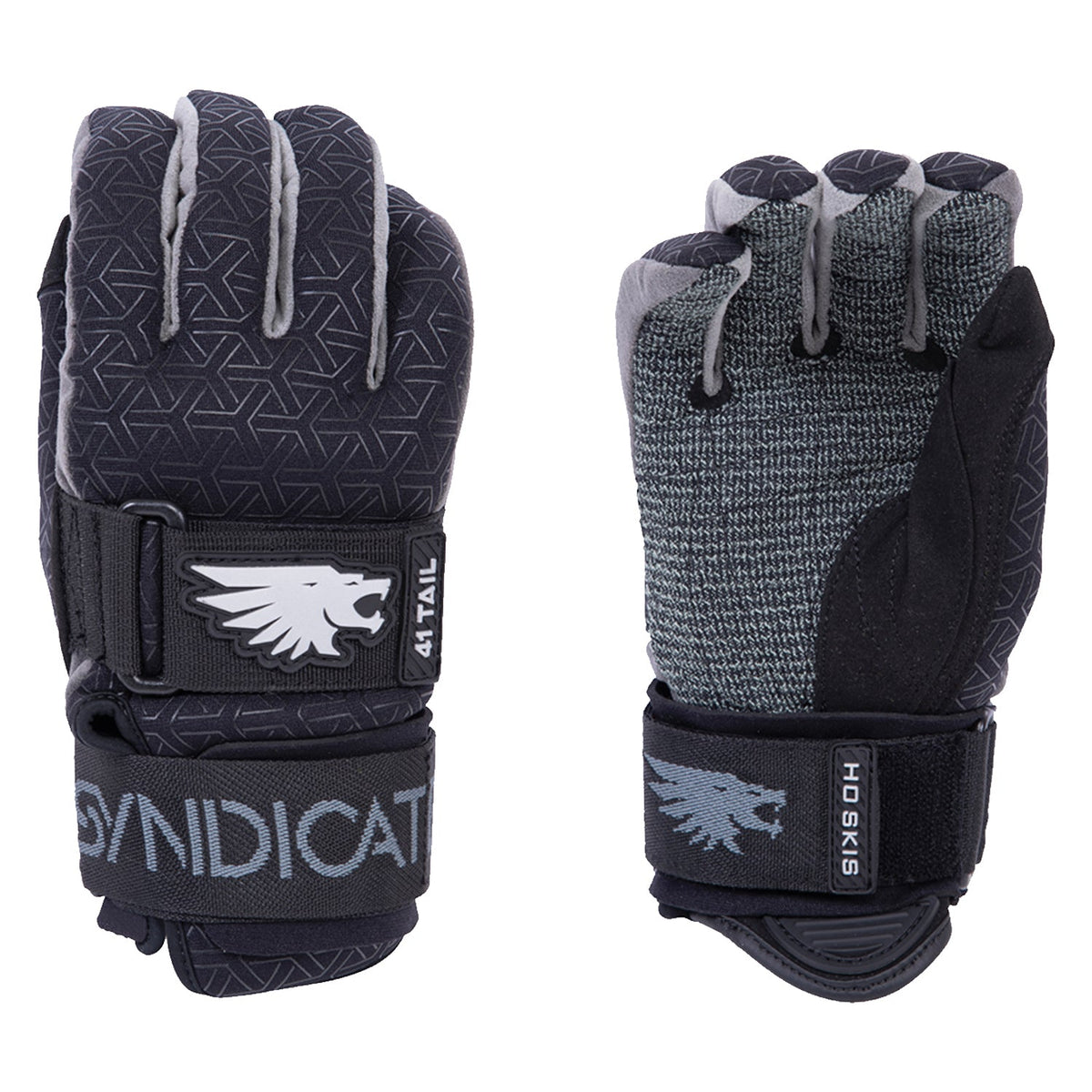 Front and back of the Syndicate 41 Tail glove with a black geometric pattern and white logo on the strap.