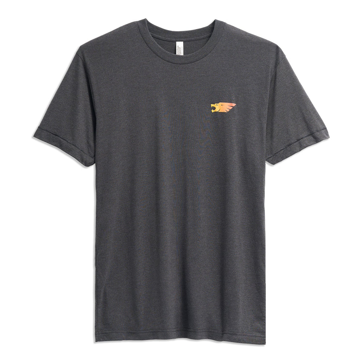 Front view of dark gray t-shirt with small orange and yellow Syndicate logo on chest.