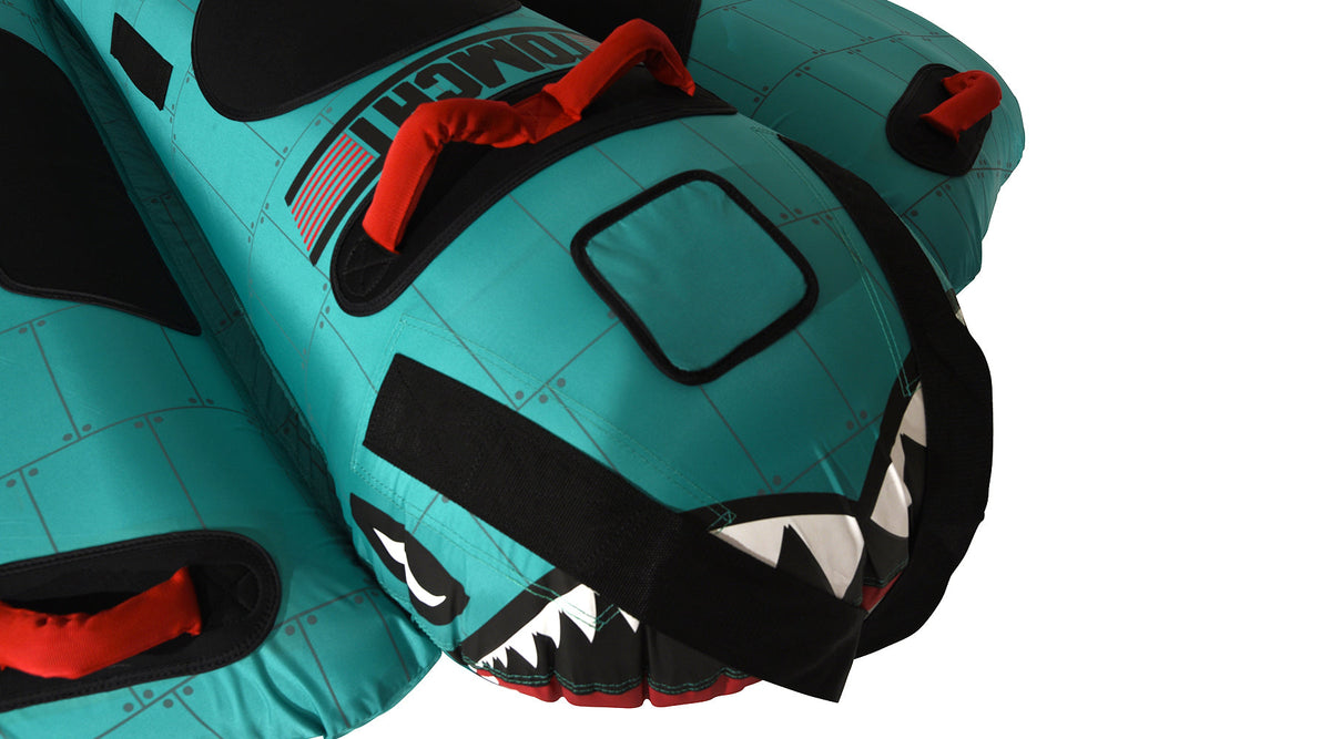 Detail view of Tomcat Tube shark face graphic on front section.