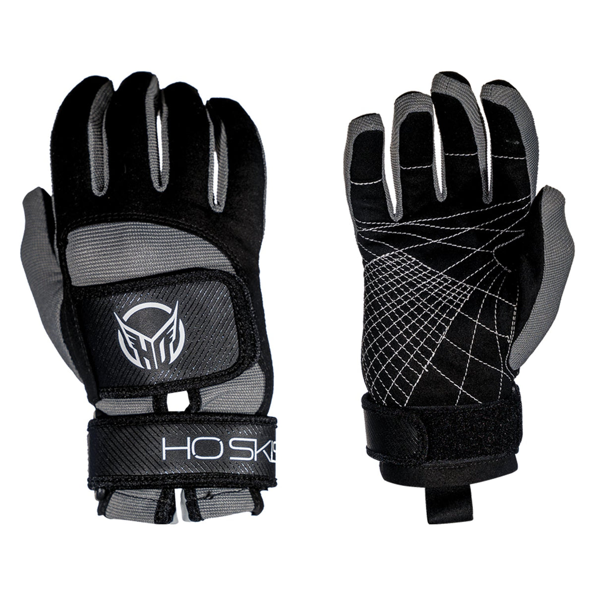 Front and back view of the Pro Grip Glove in black and gray with white logo and accents.