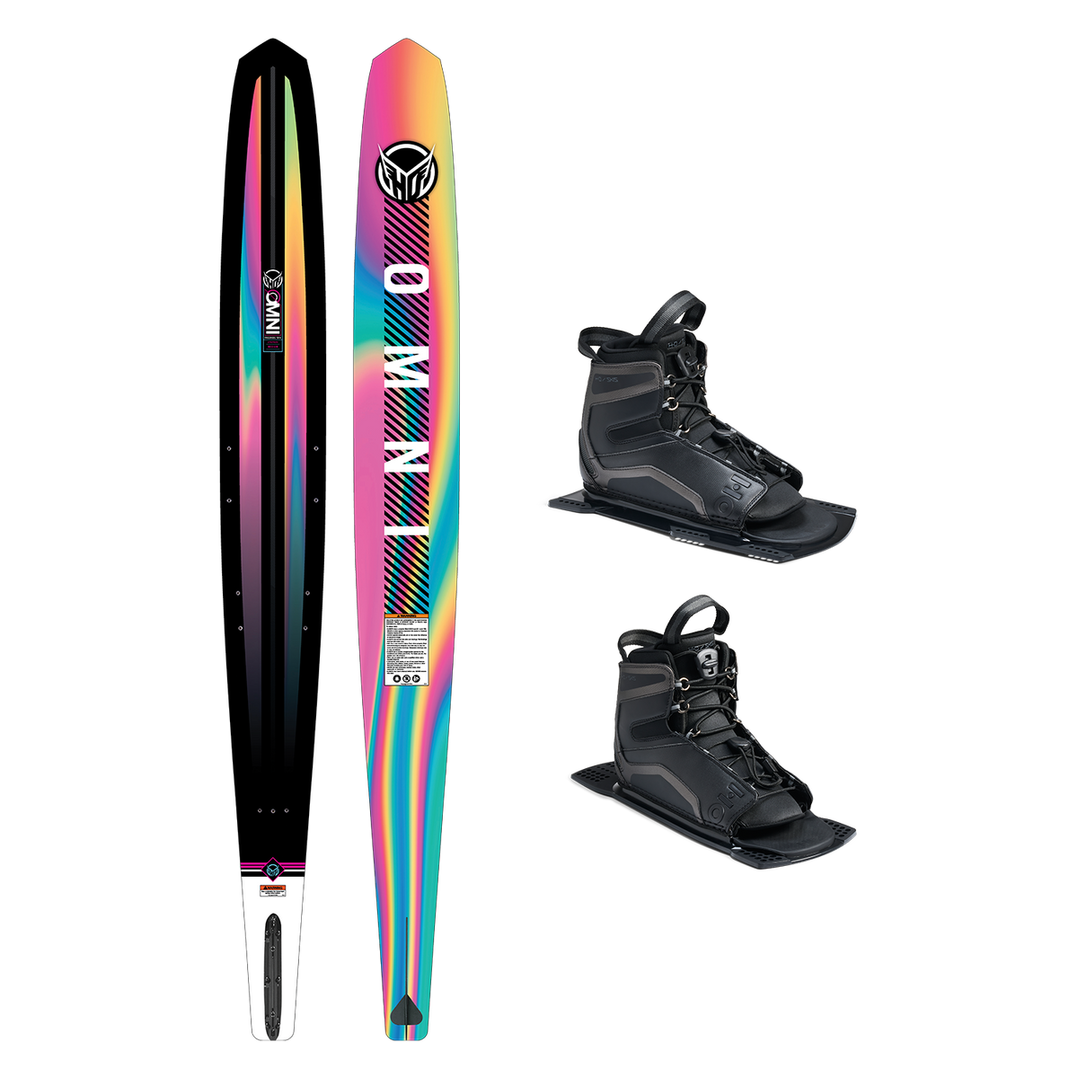 Top and base view of women‚Äôs Omni ski with rainbow gradient design, shown with two UltraLite boots.
