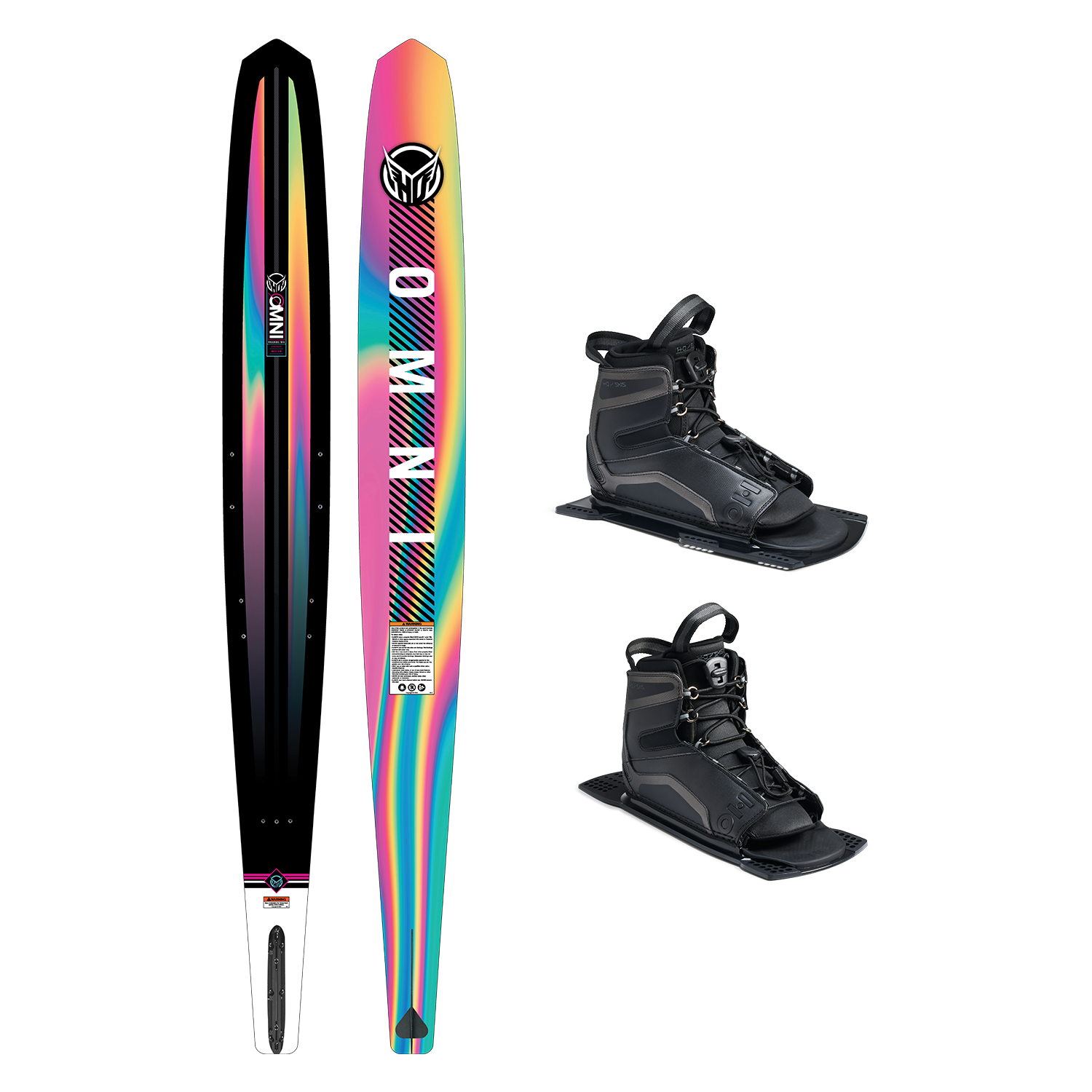 Top and base view of women‚Äôs Omni ski with rainbow gradient design, shown with two UltraLite boots.
