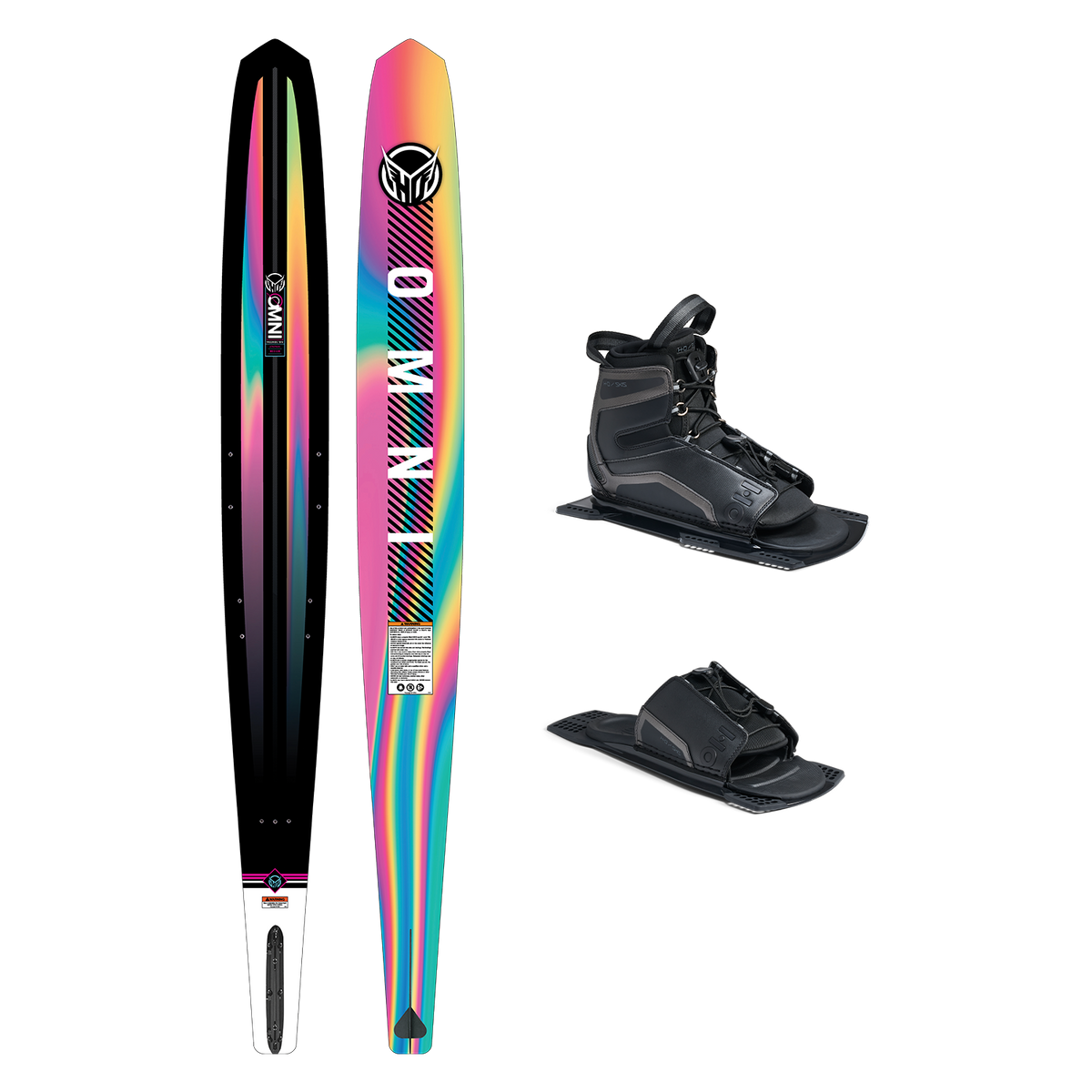 Top and base view of women‚Äôs Omni ski with rainbow gradient design, shown with UltraLite boot and toe plate.