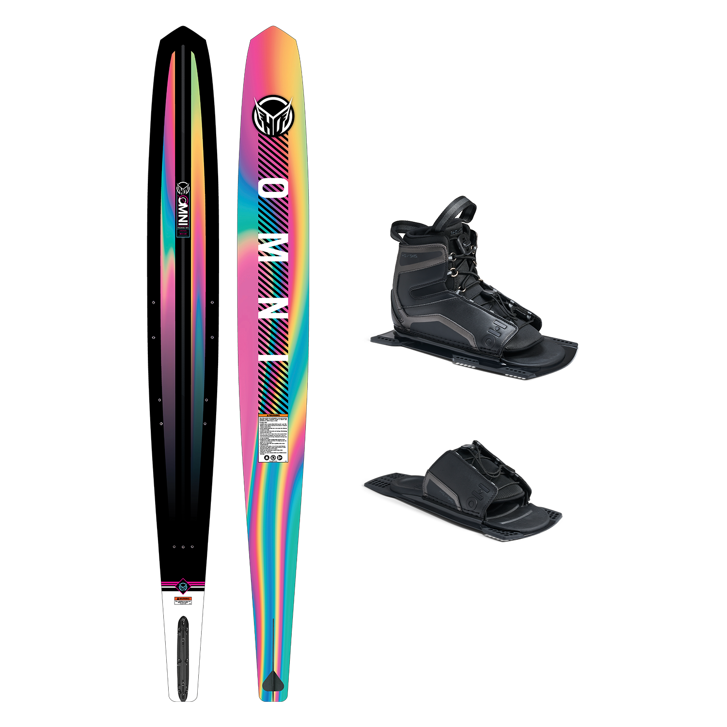 Top and base view of women‚Äôs Omni ski with rainbow gradient design, shown with UltraLite boot and toe plate.