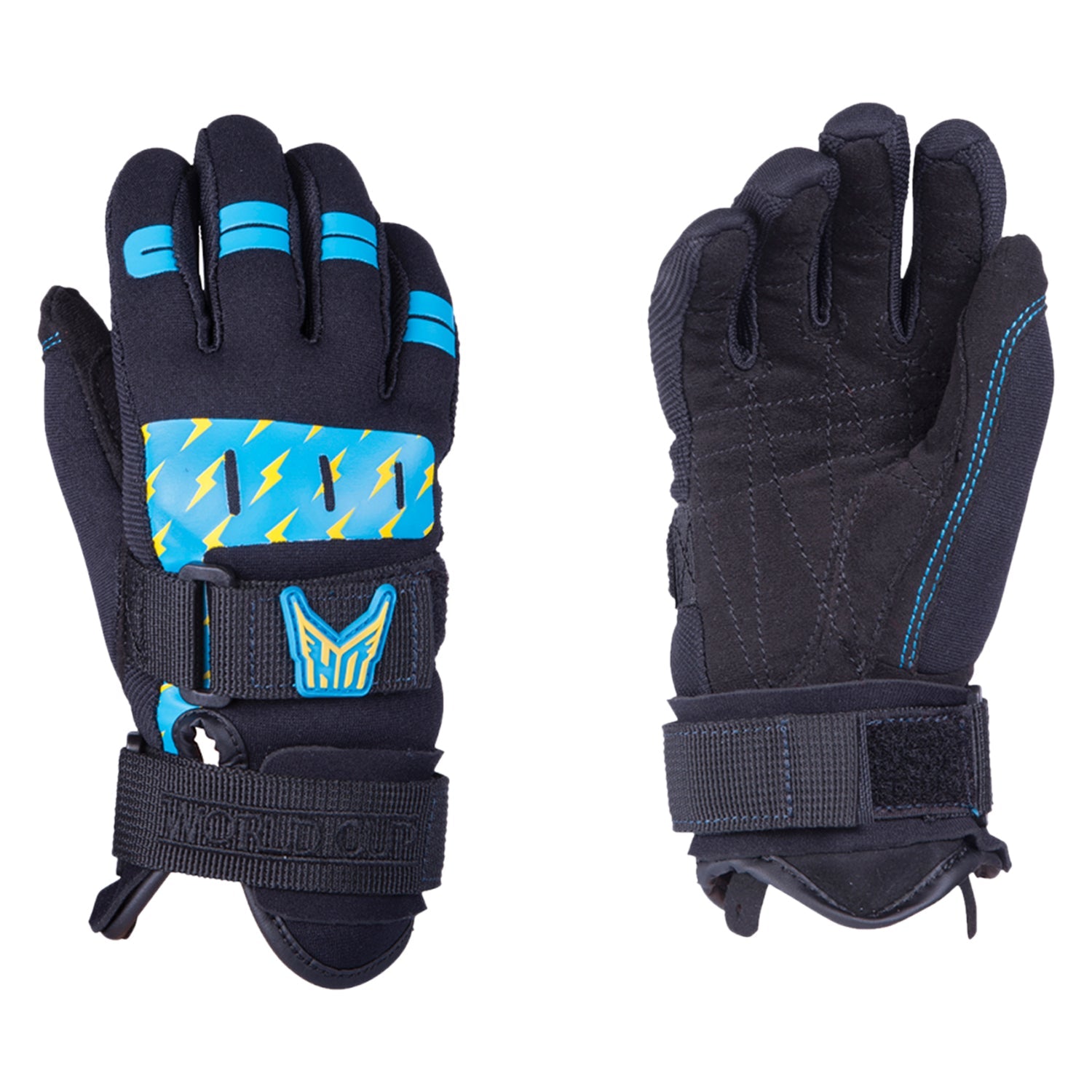 Front and back view of the Kids World Cup glove in black with electric blue and yellow accents.