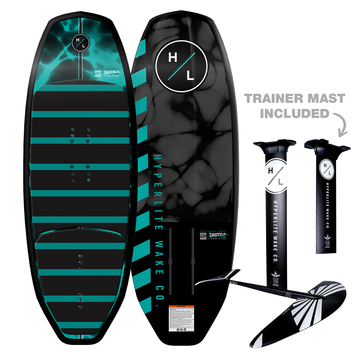 Top and bottom view of Shuttle board with teal and black design, foil kit, and two black masts.
