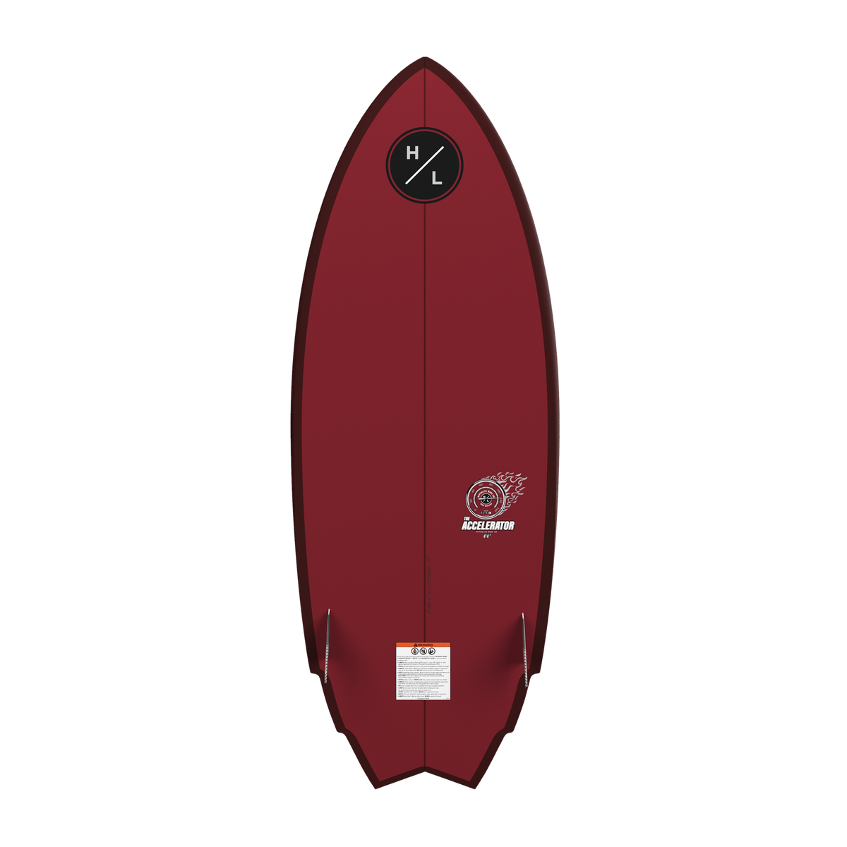 Base view of red Accelerator wakesurf board with fins and logo near nose.