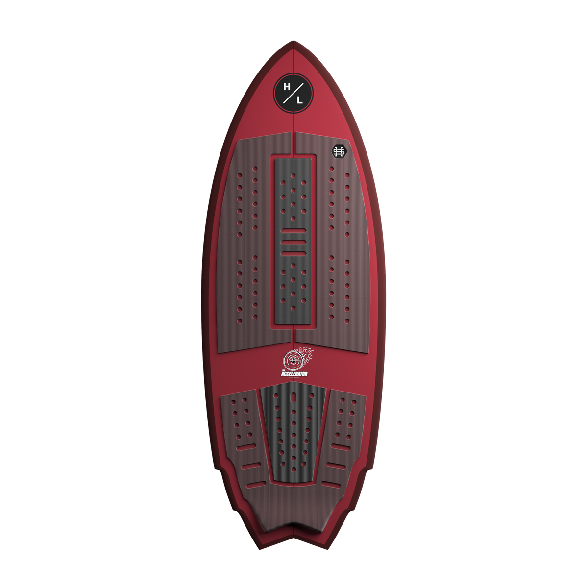 Top view of Accelerator wakesurf board with textured black traction pads.
