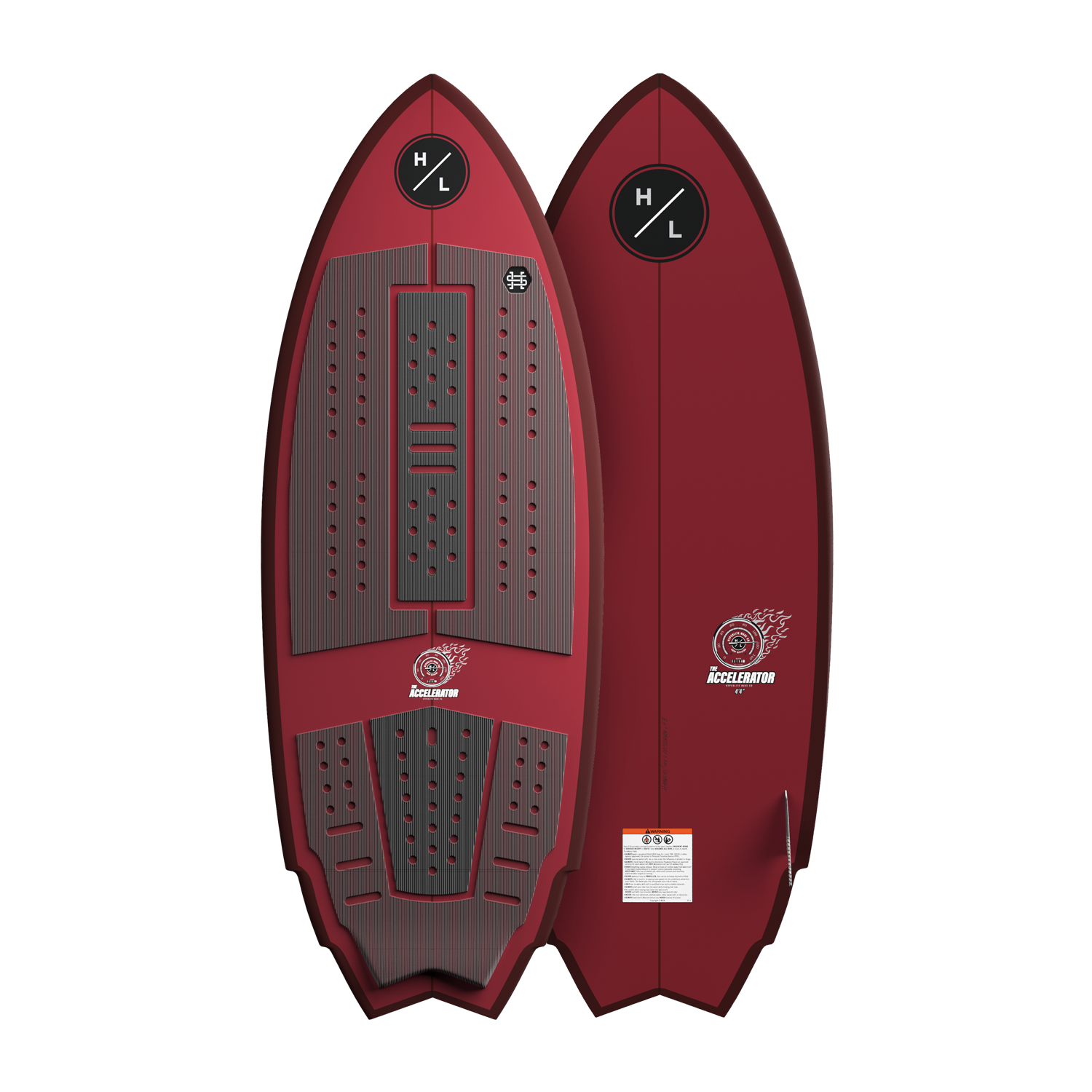 Front and back view of Accelerator wakesurf board with red base and black pads.