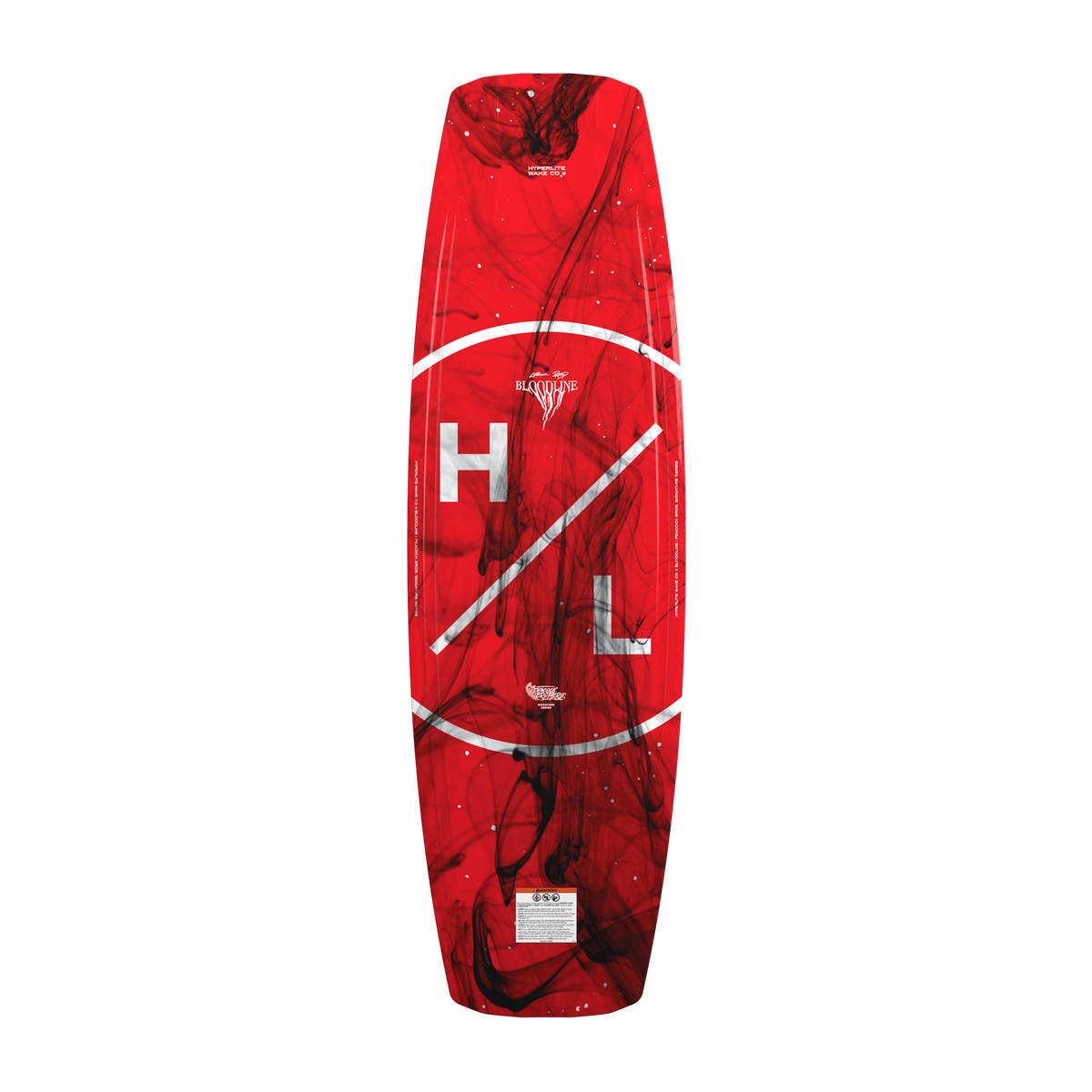Bottom view of red Bloodline wakeboard with black smoke design and HL circle logo.