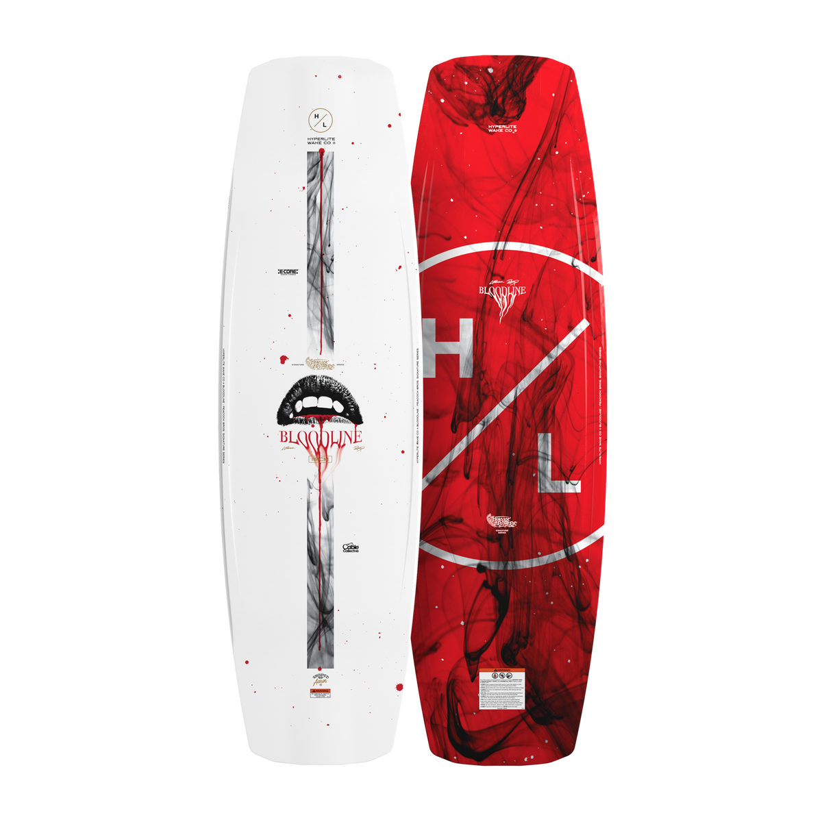 Top and bottom view of Bloodline wakeboard with red and white smoke design and logo graphics.