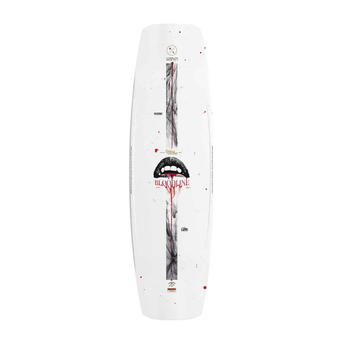 Top view of white Bloodline wakeboard with black lips graphic and red smoke pattern.