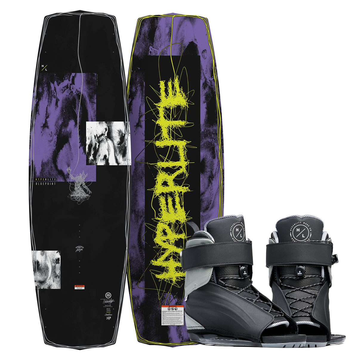 Top and bottom view of Blueprint wakeboard in black and purple with yellow logo and black Session bindings.