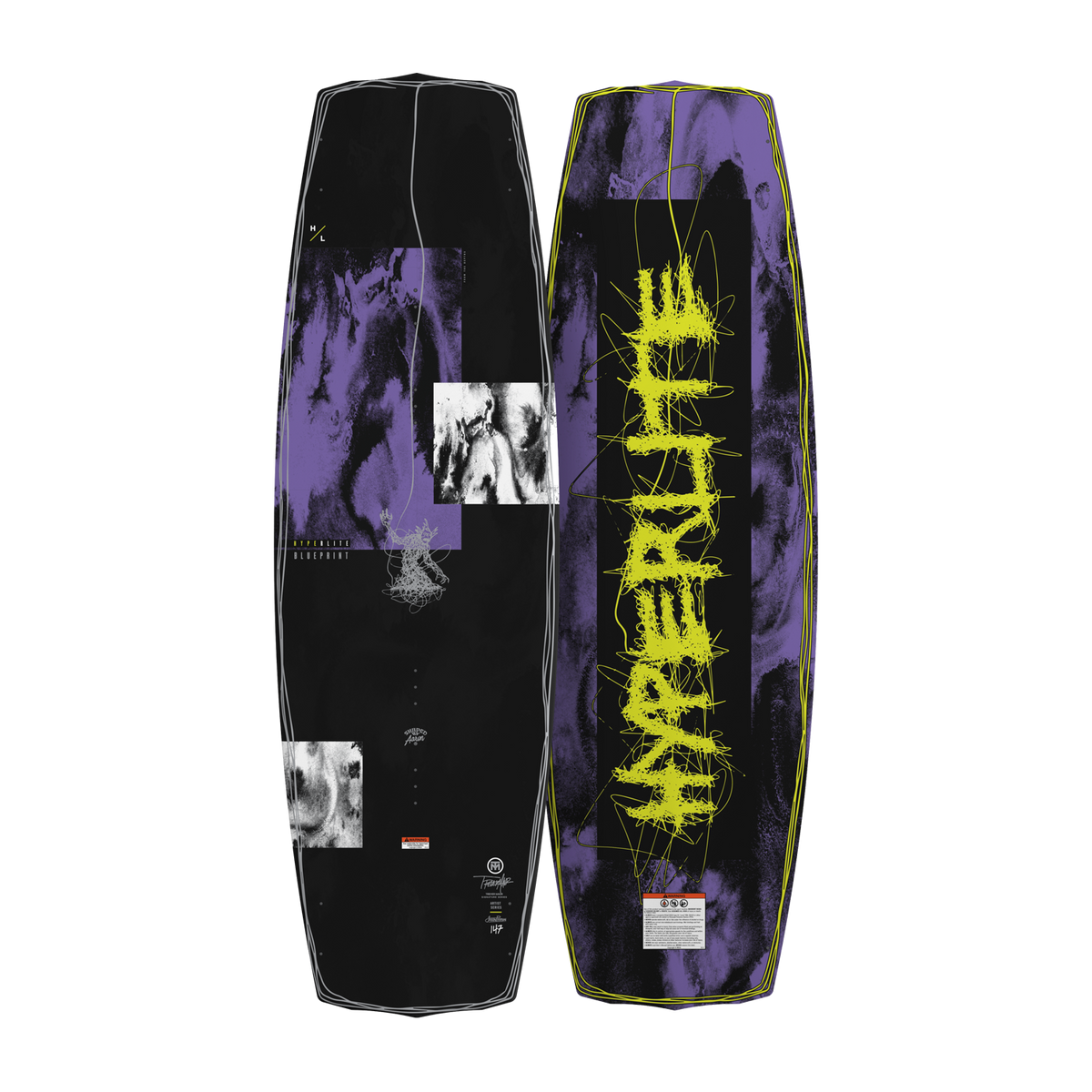 Top and bottom view of Blueprint wakeboard with abstract purple, black, and white design.