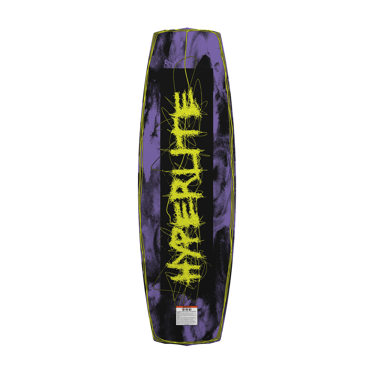 Base view of Blueprint wakeboard in black and purple with bold yellow logo.