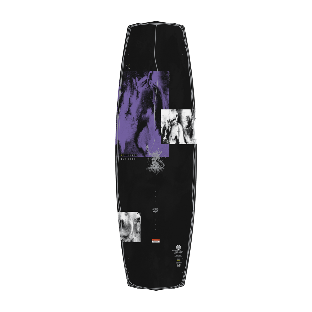 Top view of Blueprint wakeboard in black with purple and white graphic blocks.