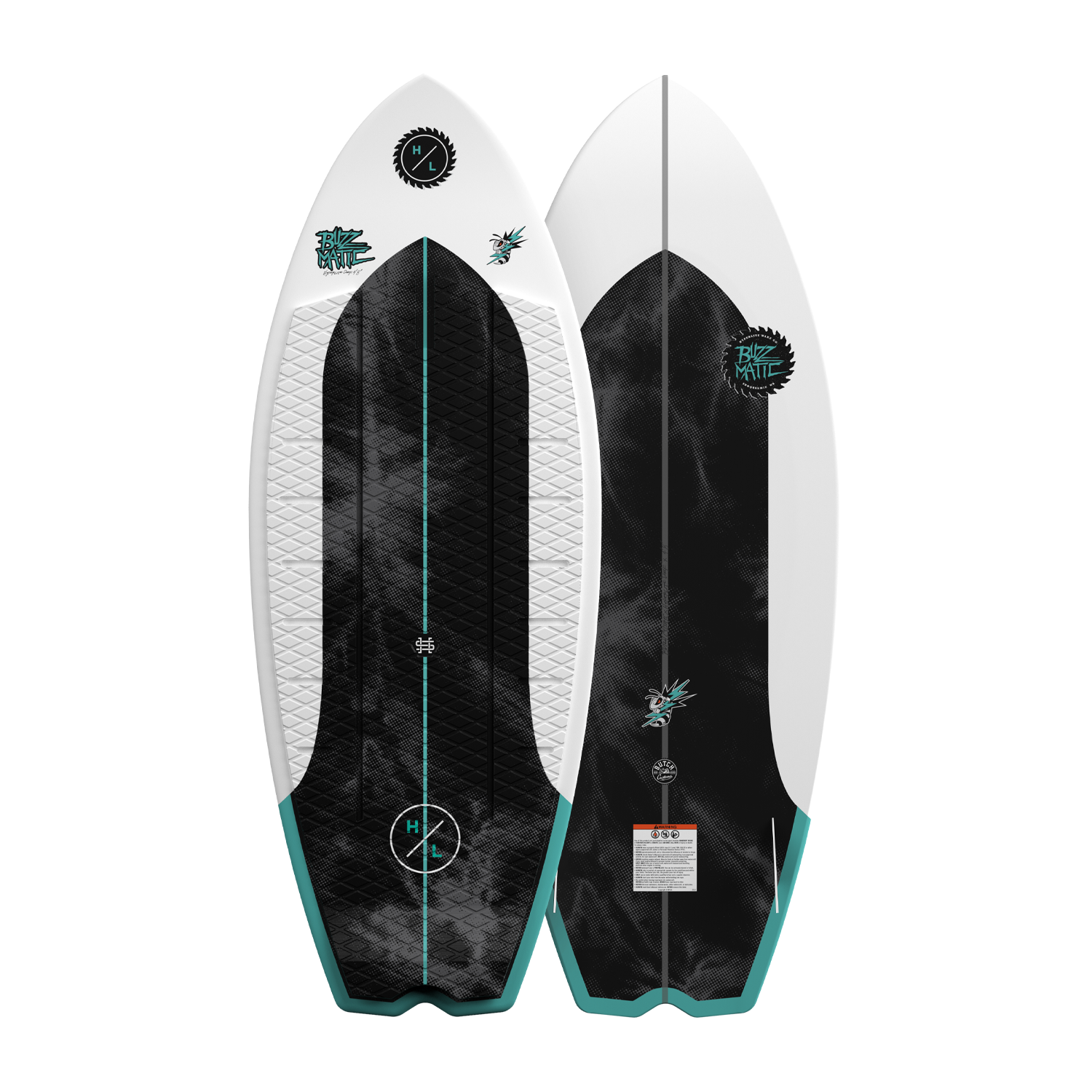 Top and base view of Buzzmatic wakesurf board with black traction pad and teal fins.