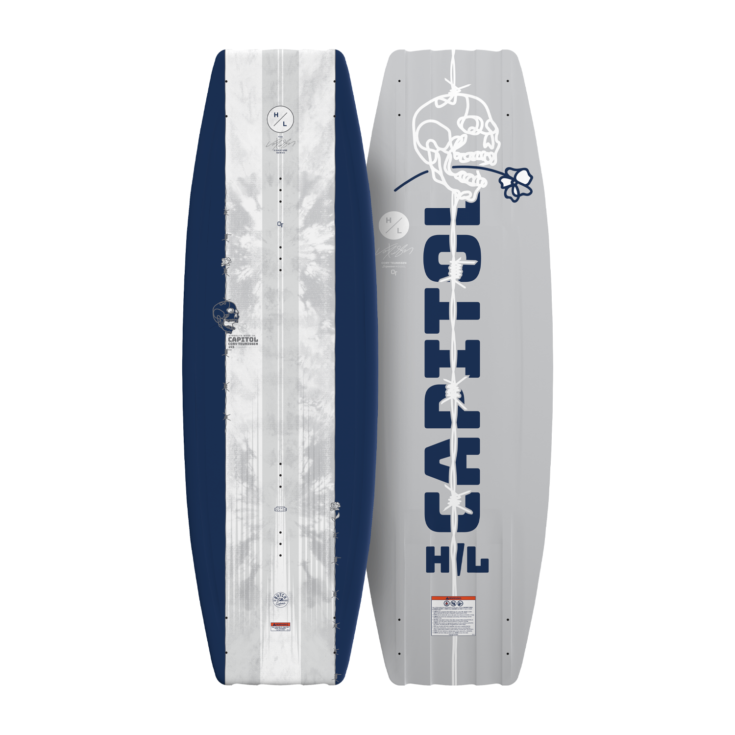 Top and bottom view of Capitol wakeboard in navy and white with skull graphic design.