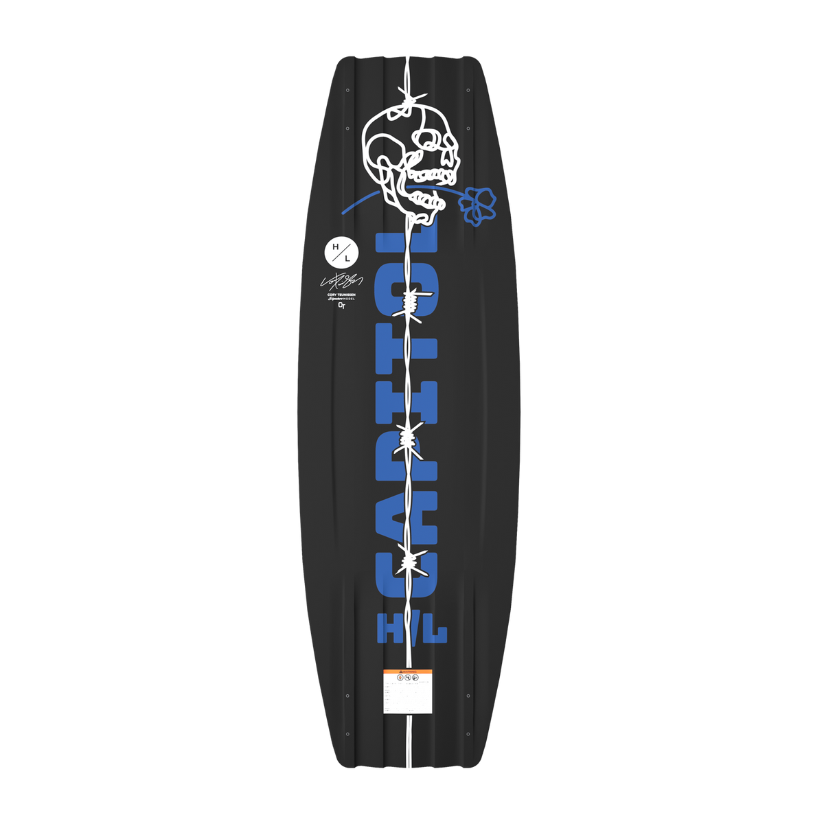 Bottom view of Capitol Loaded wakeboard with large blue lettering and skull graphic.