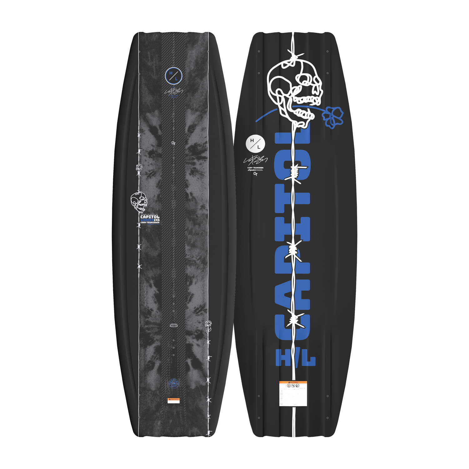 Top and bottom view of Capitol Loaded wakeboard with skull and barbed wire graphics.