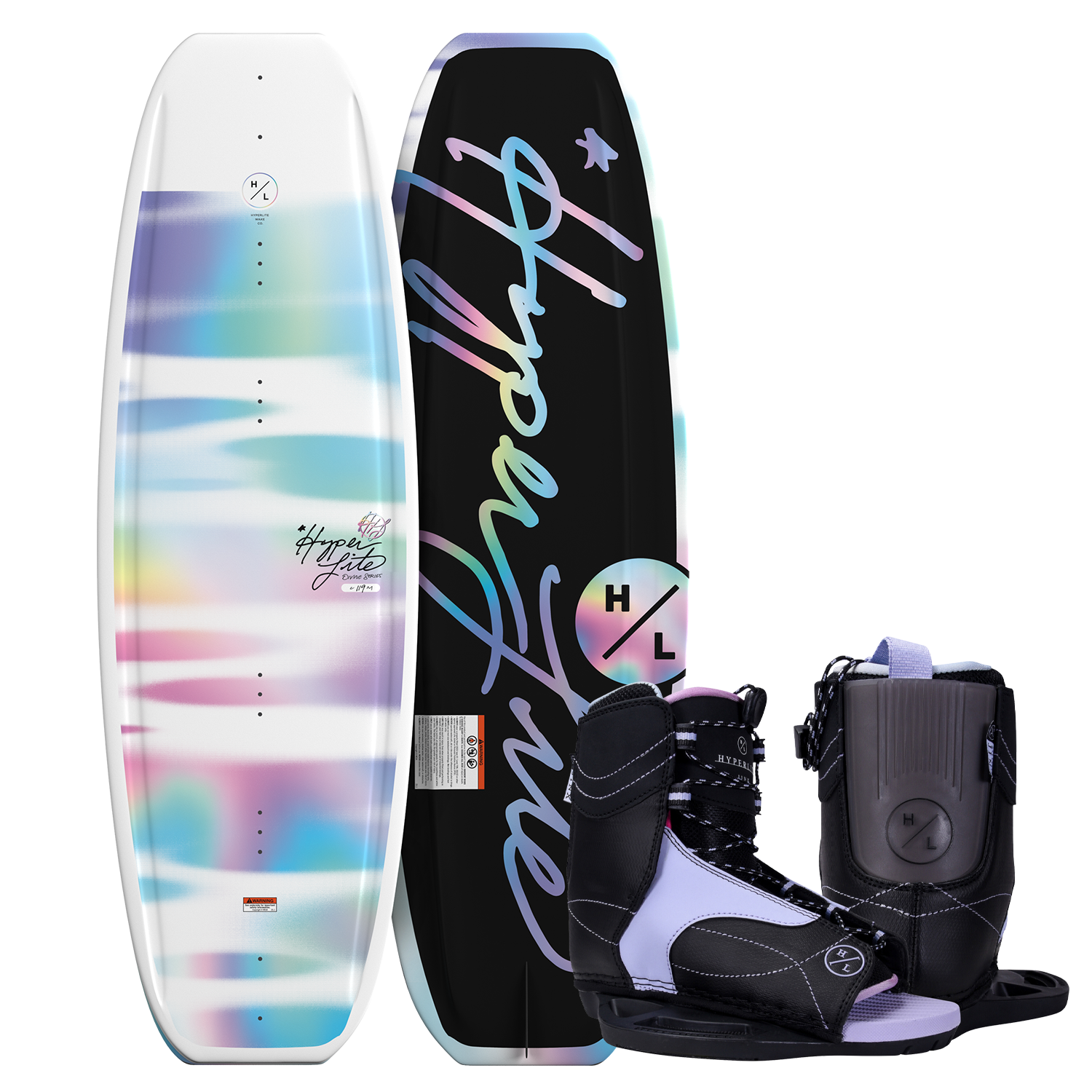 Top and bottom view of Divine Jr. wakeboard with pastel fade and black Jinx bindings with purple accents.