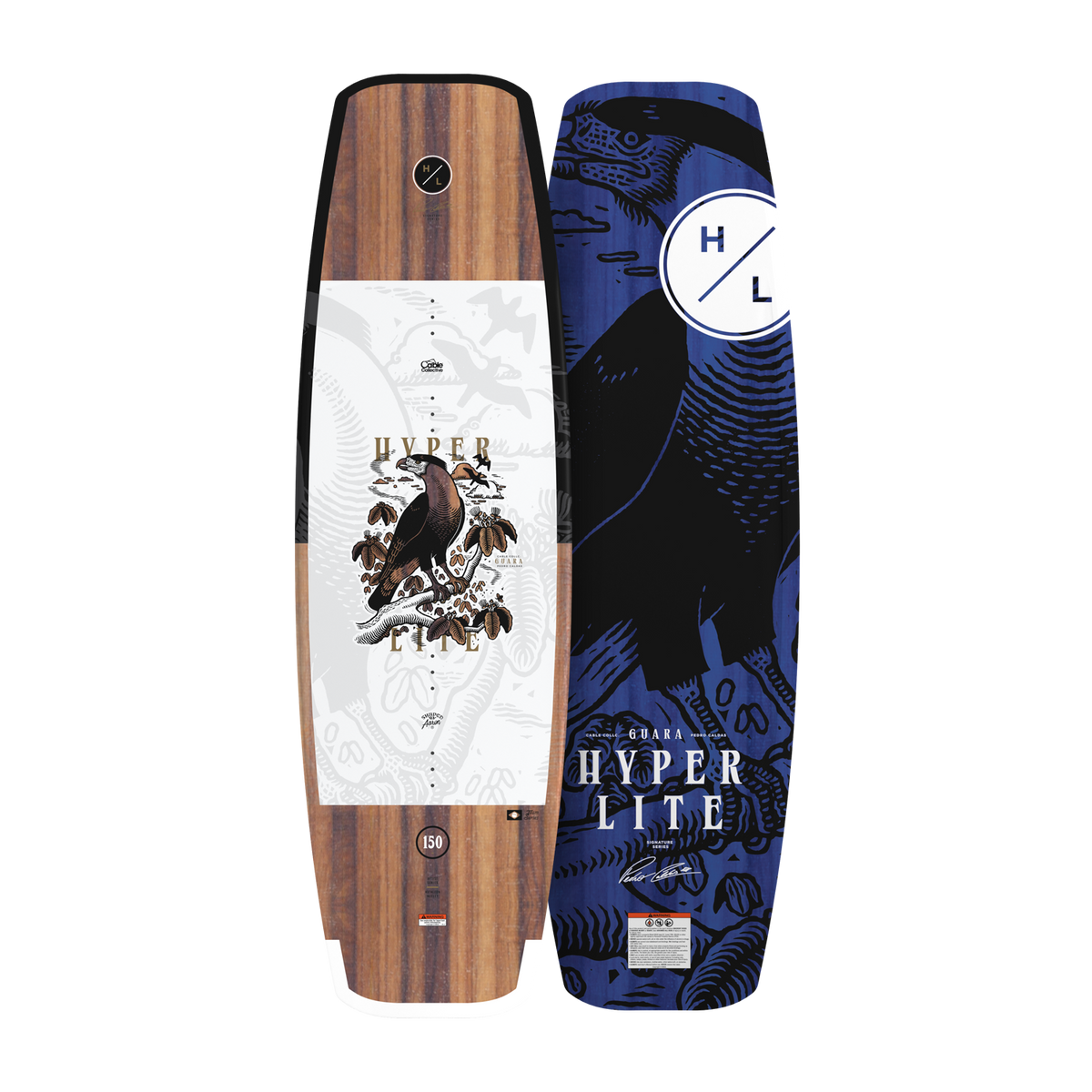 Top and base view of Guara 147cm wakeboard with wood grain top and blue bird graphic base.