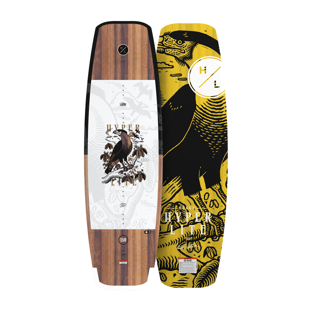 Top and base view of Guara 150cm wakeboard with wood grain top and yellow bird graphic base.