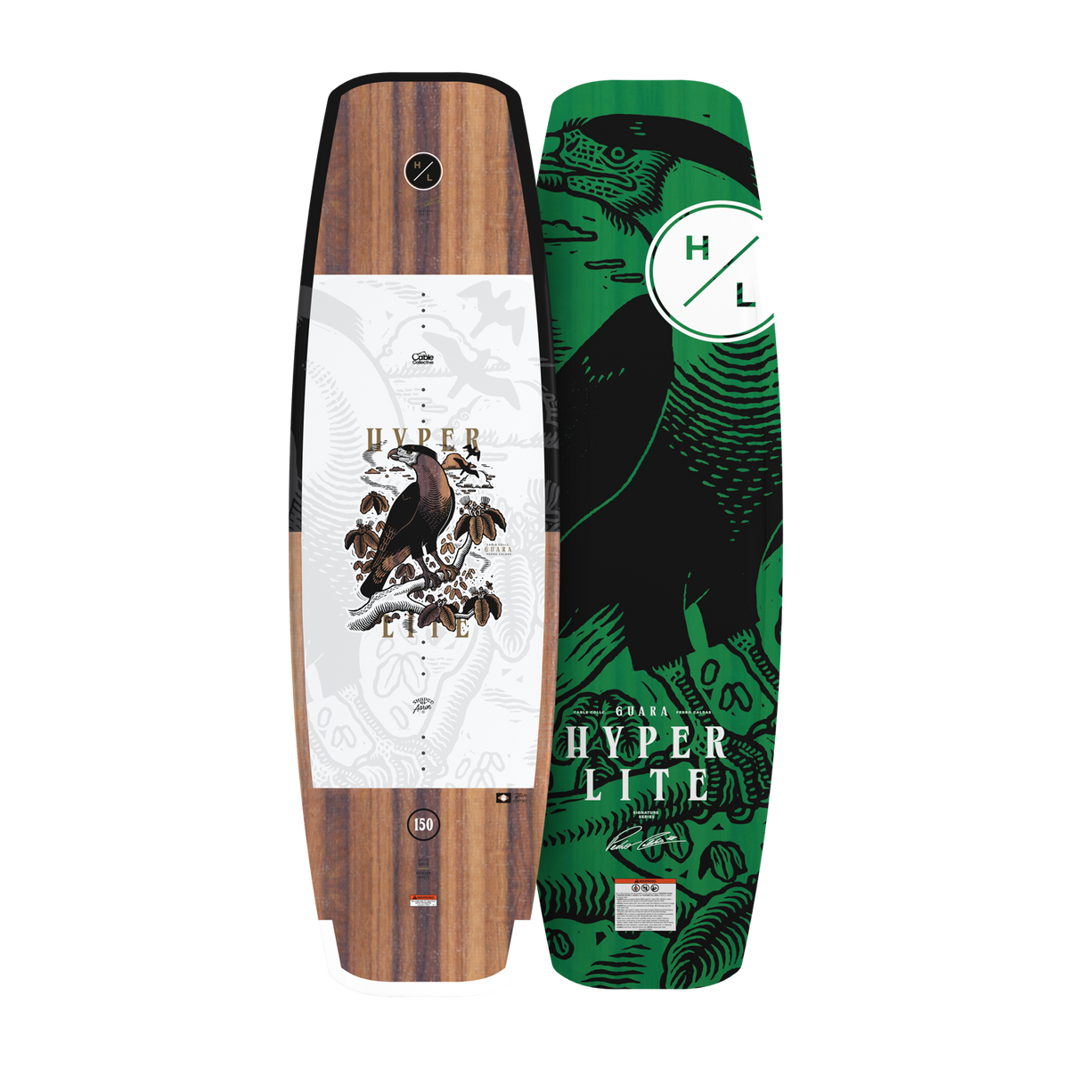 Top and base view of Guara 153cm wakeboard with wood grain top and green bird graphic base.