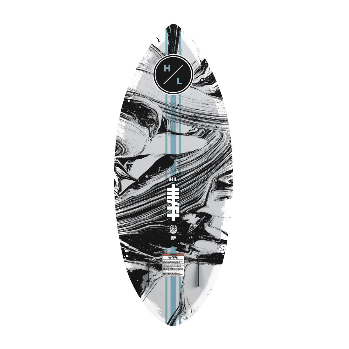 Base view of the marble-patterned Hi-Fi wakesurf board with blue accents and logo details.