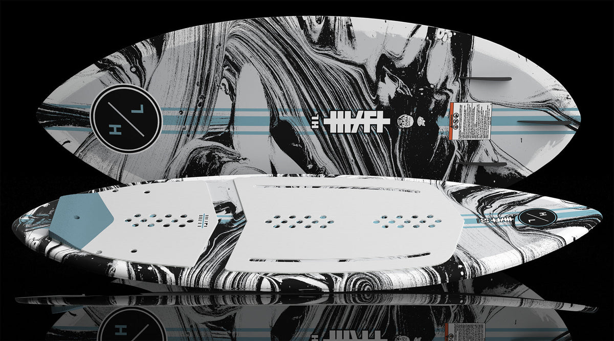 Side view of Hi-Fi board showing ribbed traction deck and marbled underside.