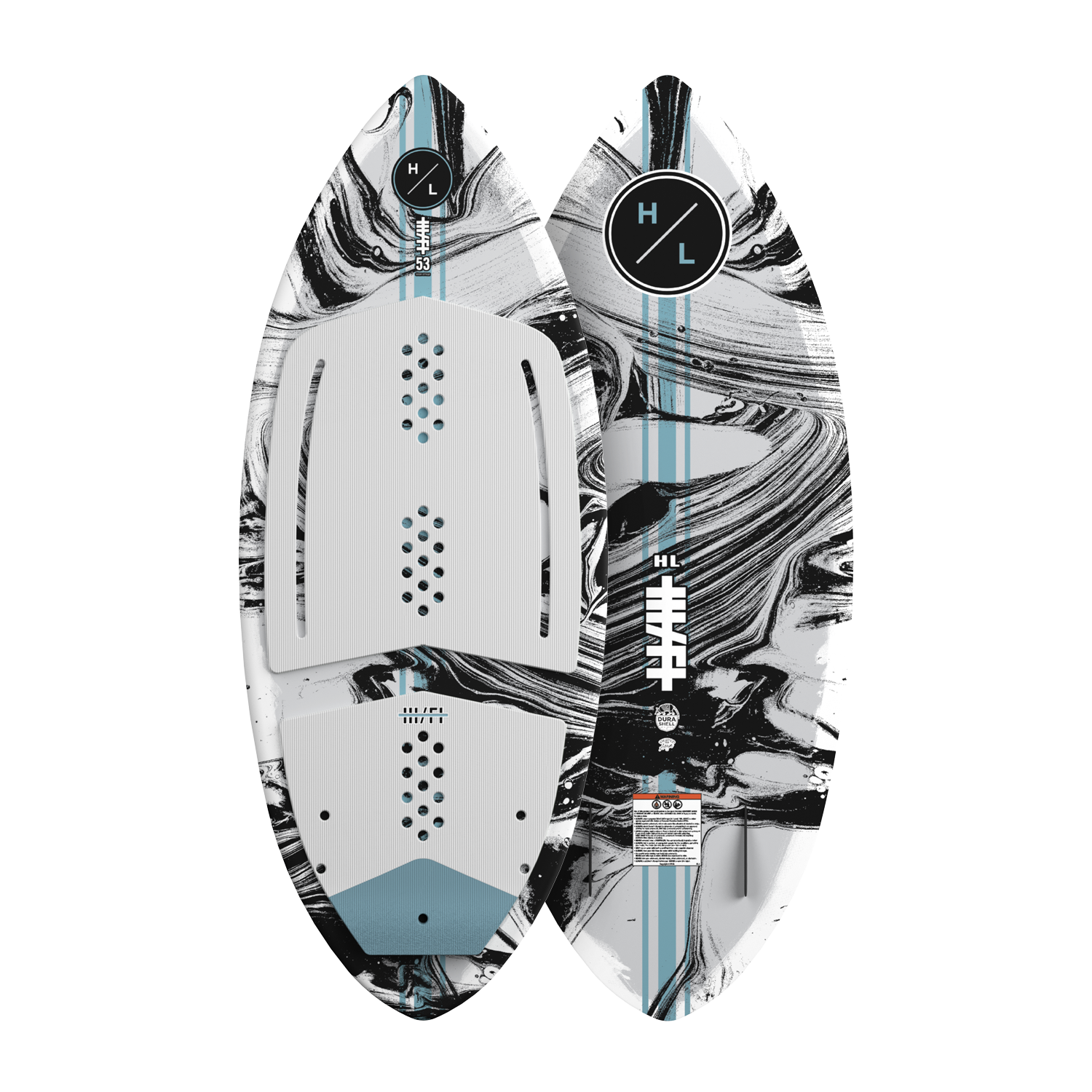 Top and base view of the Hi-Fi wakesurfer in white and black marbled design with blue accents.