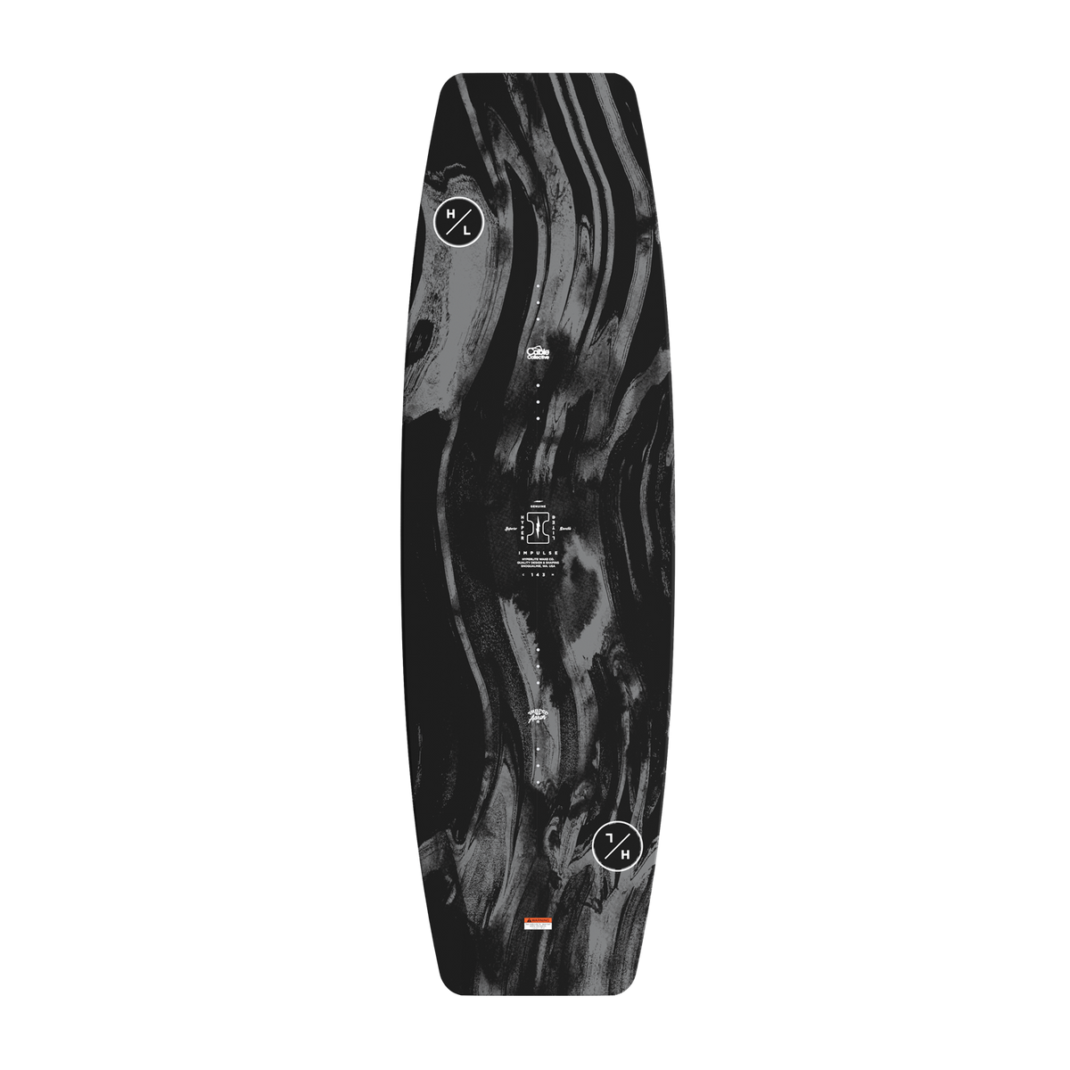 Top view of Impulse board showing black marbled pattern with text and logo accents.
