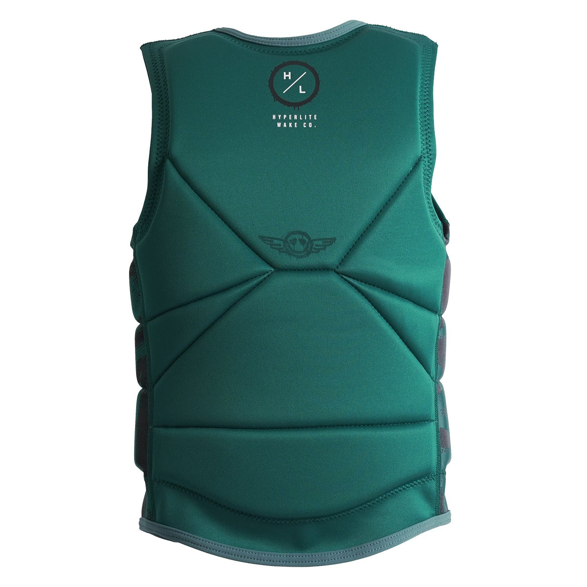 Back view of Journey Jacket showing teal design with HL and winged emblem logos.