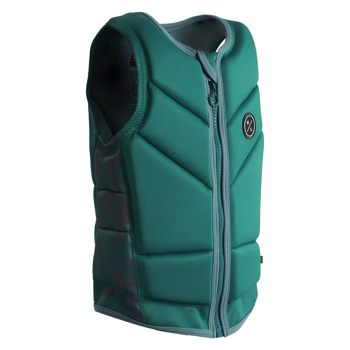 Angled view of Journey Jacket showing teal front panels with zipper and HL logo on chest.