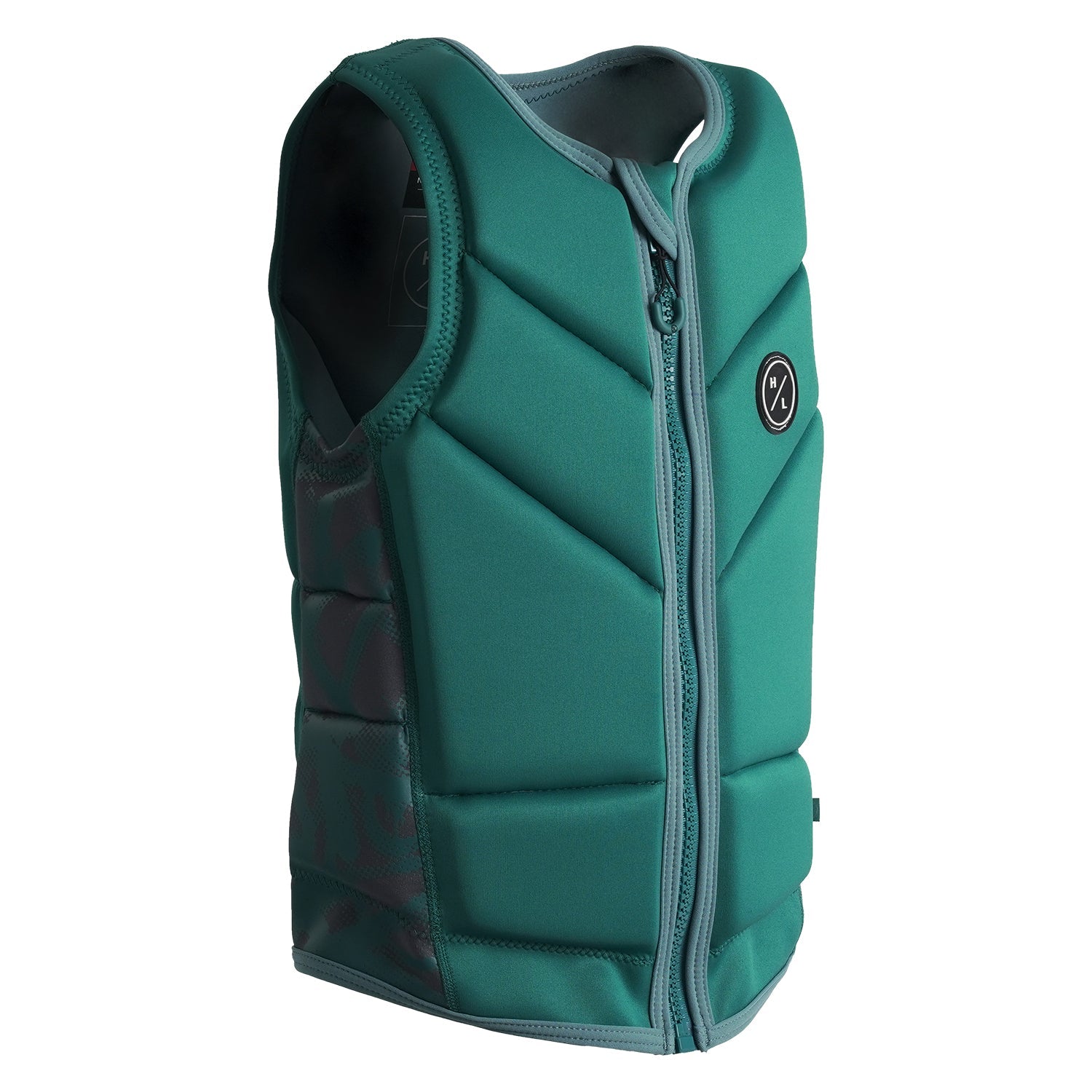 Angled view of Journey Jacket showing teal front panels with zipper and HL logo on chest.