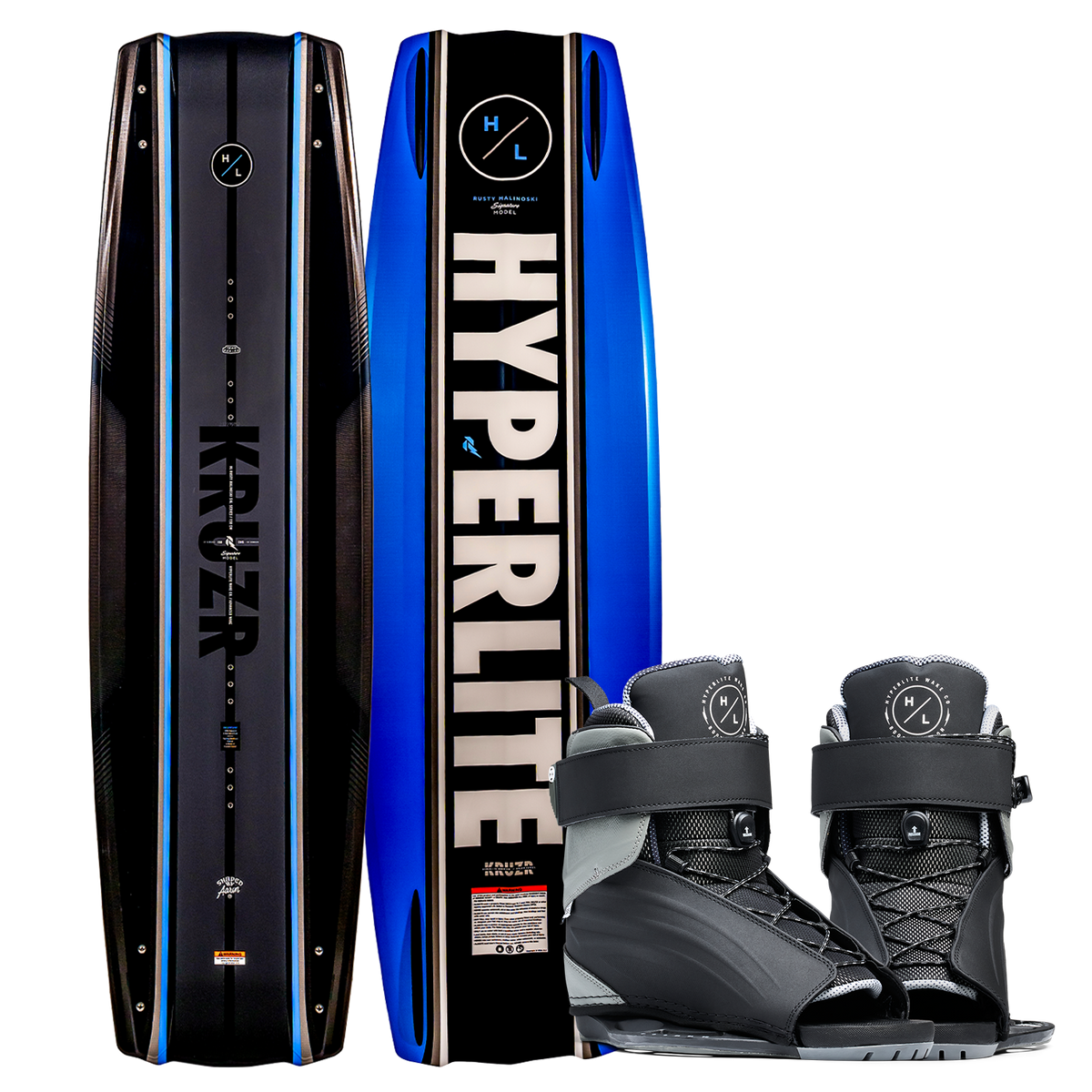 Top and bottom view of Kruzr wakeboard in black and blue gradient with black Session bindings.