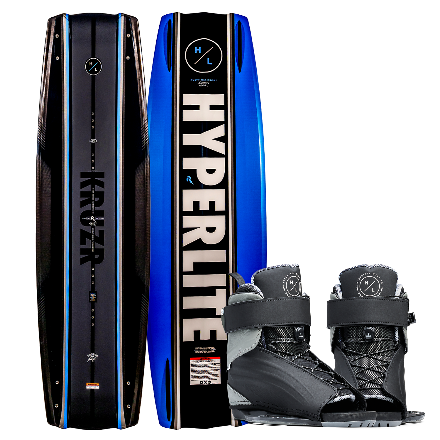 Top and bottom view of Kruzr wakeboard in black and blue gradient with black Session bindings.