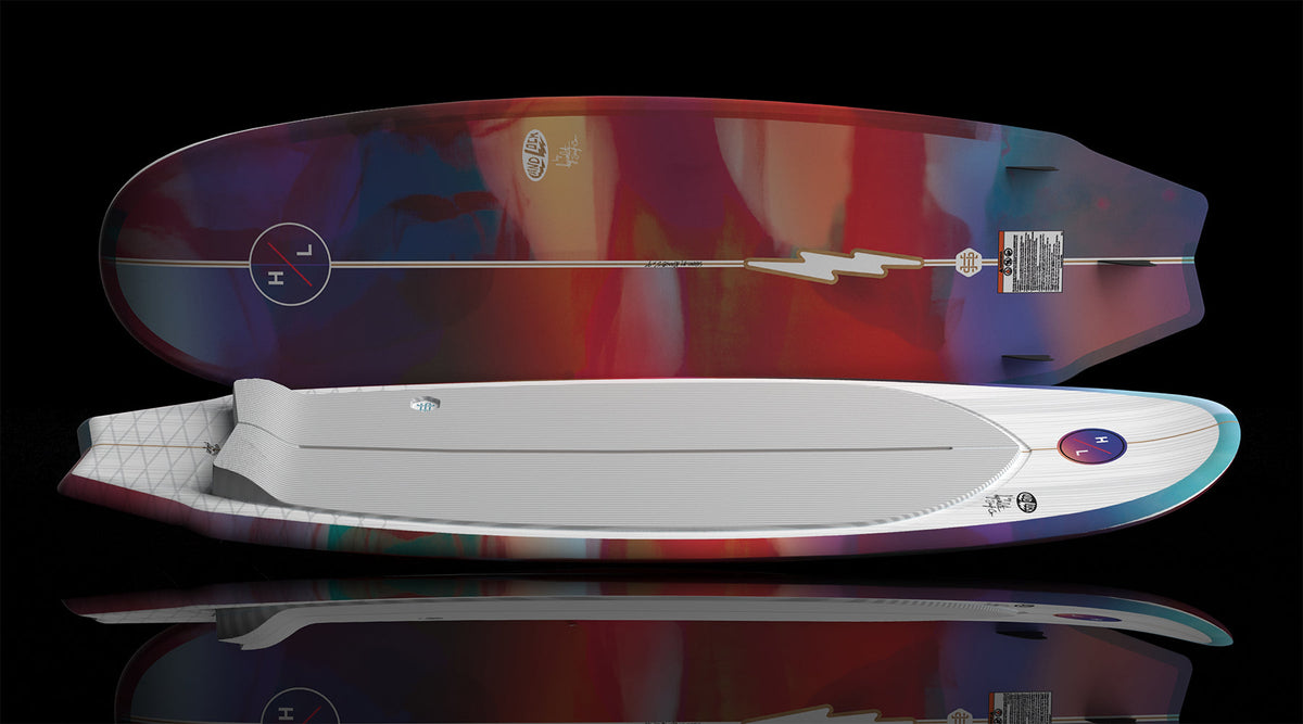 Side view of Landlock board showing ribbed traction deck and multicolor underside.
