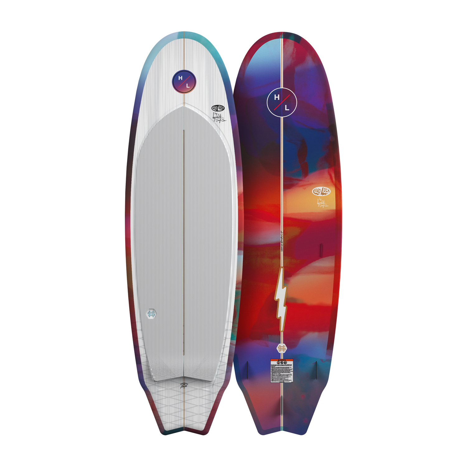 Top and base view of Landlock board showing white deck with traction pad and abstract underside.