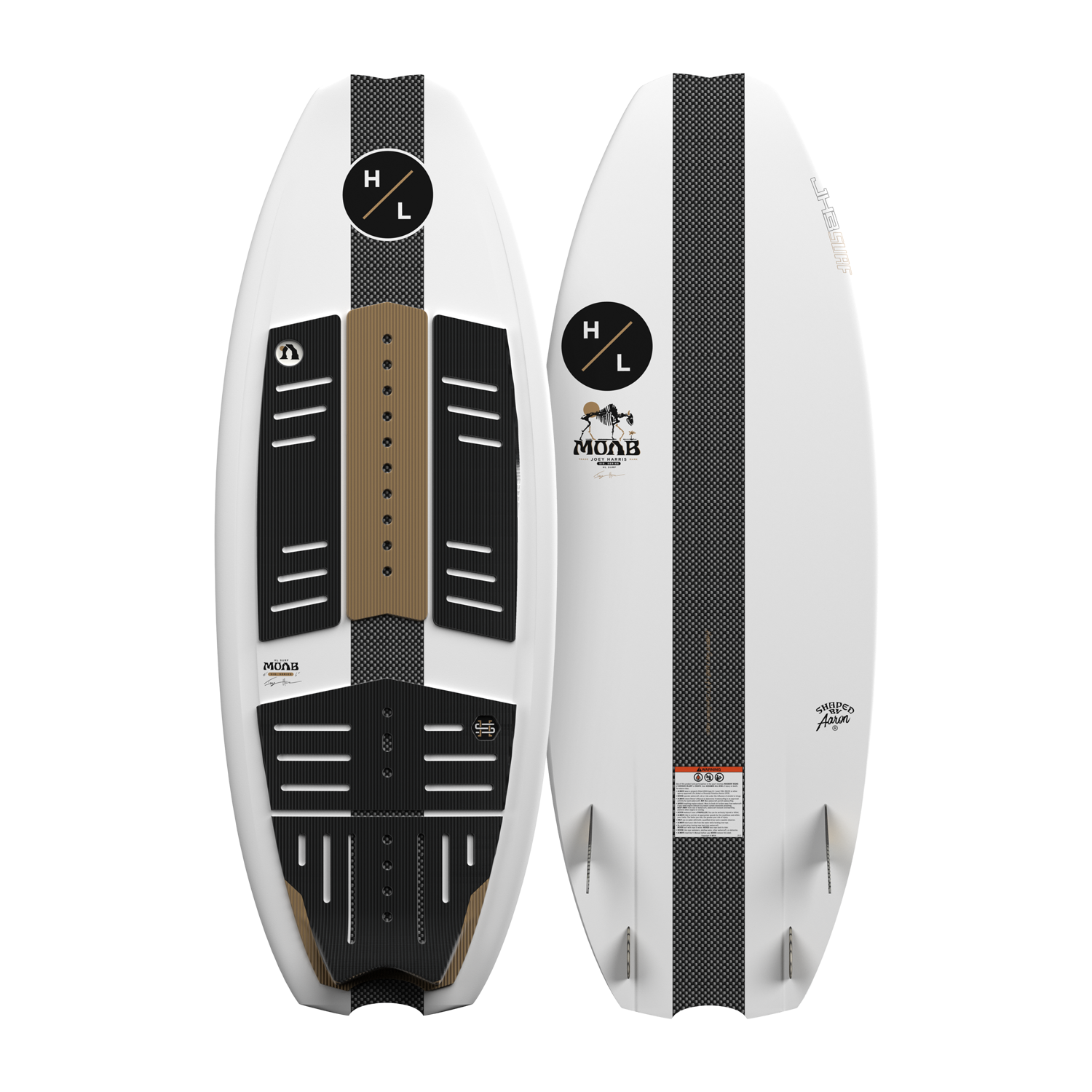 Top and bottom view of MOAB boards showing logos, fins, and traction pads.