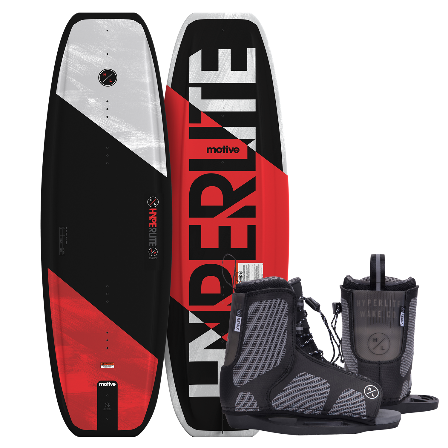 Top and bottom view of Motive Jr. wakeboard in red, black, and white with gray and black Remix bindings.