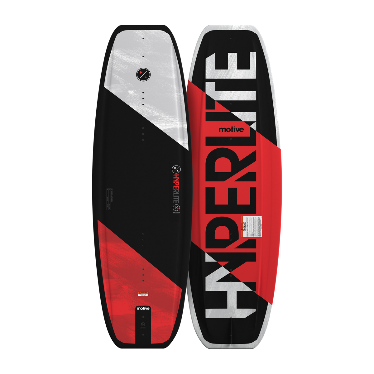 Side-by-side view of Motive Jr. wakeboards showing diagonal color blocks and logos.