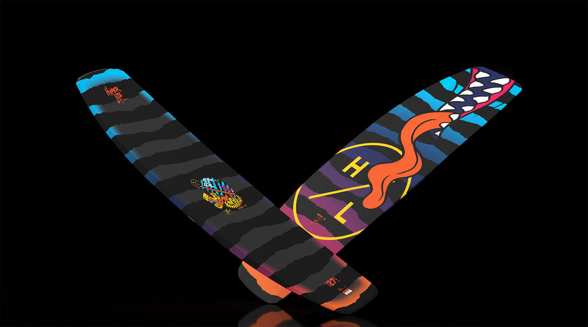 Side-by-side angled view of Murray Jr. Boys wakeboard with striped graphics and bold artwork.