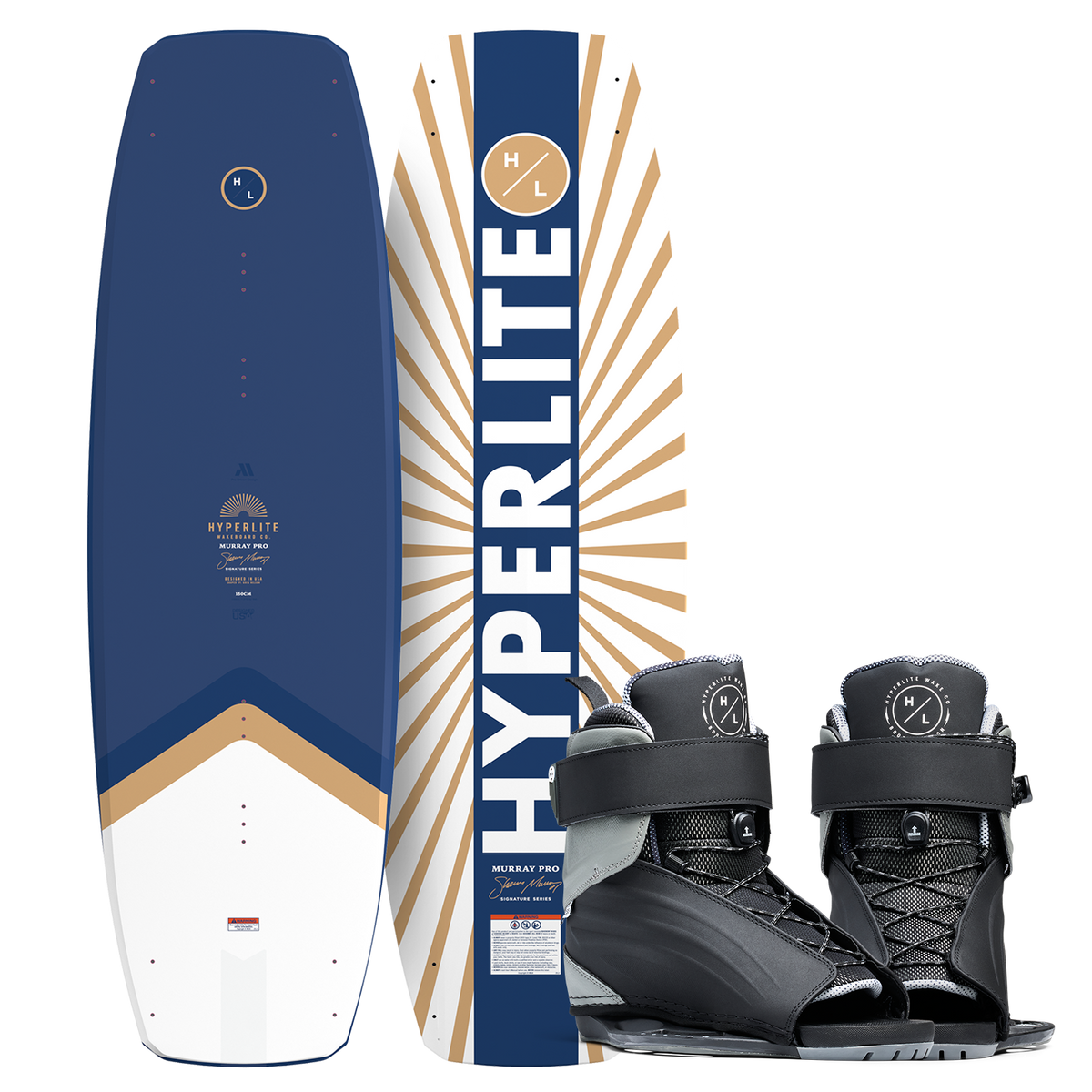 Top and bottom view of Murray Pro wakeboard in navy, white, and gold with black Session bindings.